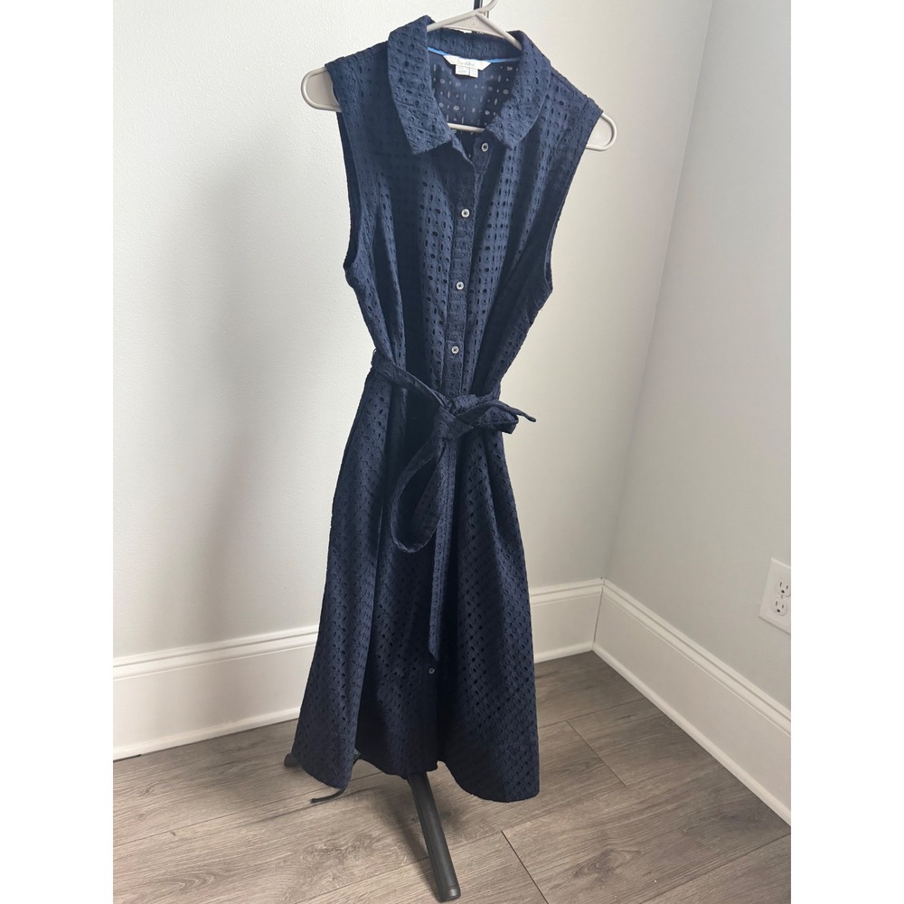 Boden Navy Blue Eyelet Broderie Sleeveless Shirt Dress Midi Belted 14R Regular